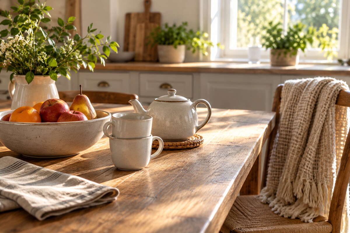 Stacked mugs, a teapot and a fruit bowl on a sunlit kitchen table with a throw over a chair.