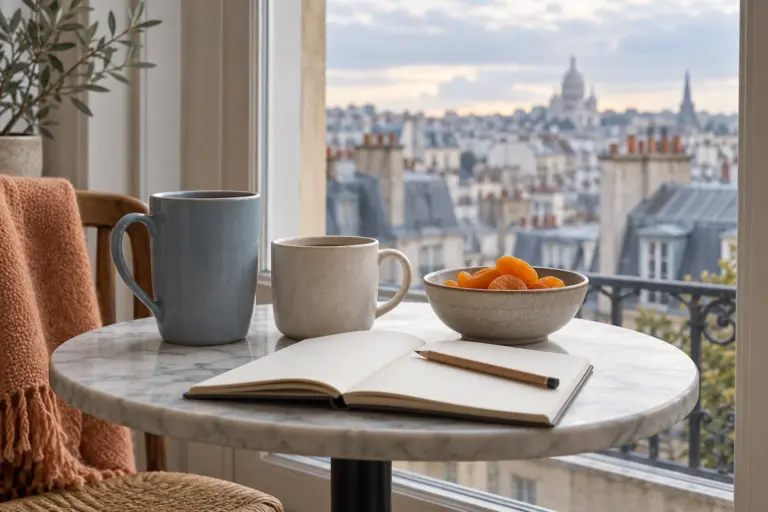 Two plain mugs and an open notebook on a table by a window with a view of rooftops.