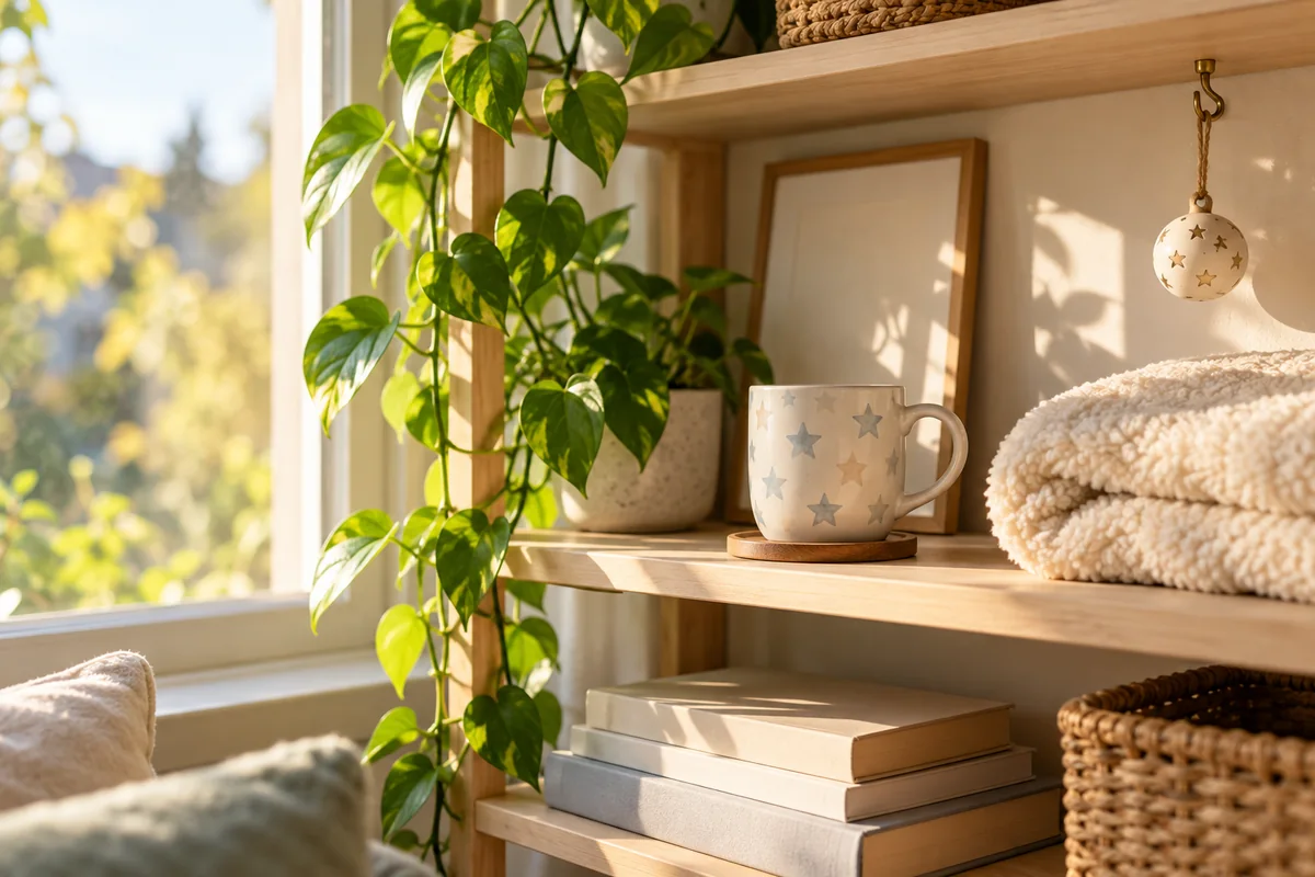 A shelf by a window with a soft mug, a folded fleece blanket and a small ornament