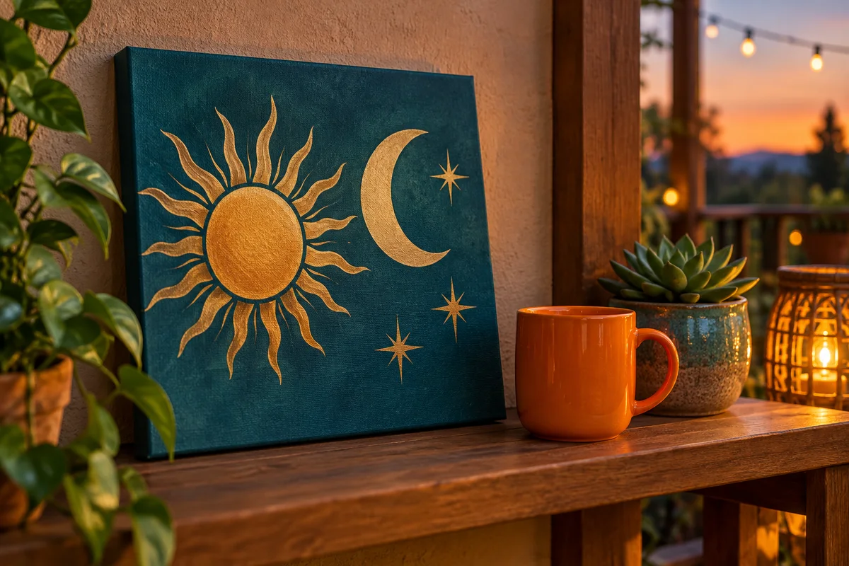 A canvas with a simple sun, crescent and star motif leaning on a patio shelf beside a mug.