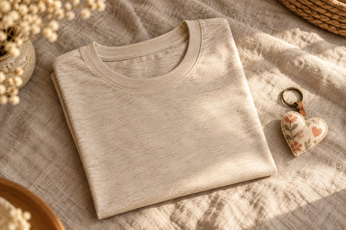 A tee folded beside a small keychain on a cloth