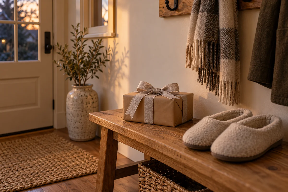 A small wrapped gift with a ribbon on a doorstep mat beside a pair of house slippers.