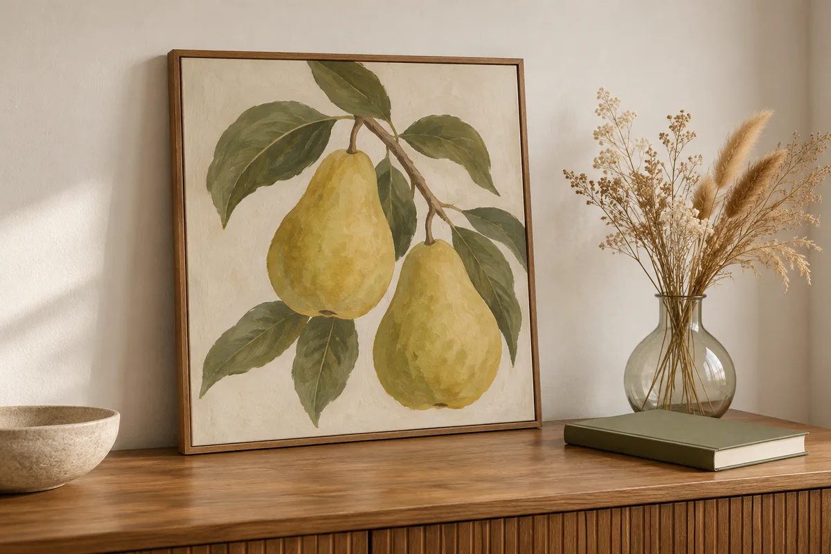 A canvas print with simple botanical shapes leaning on a console table with a vase.