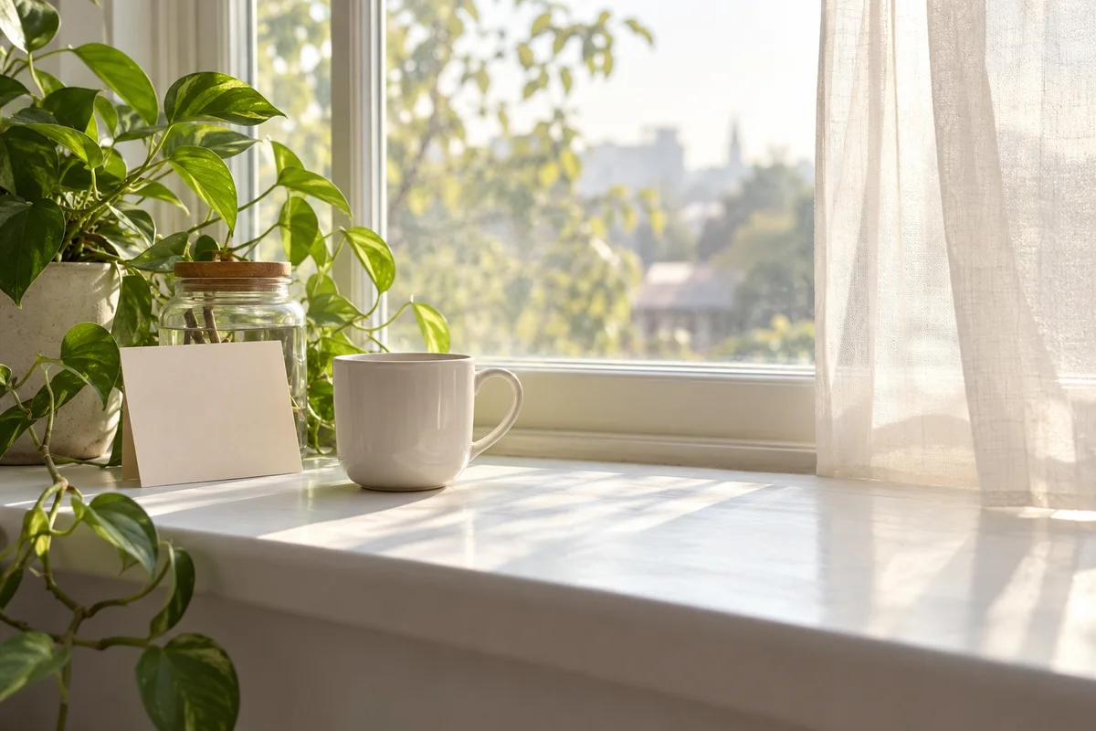 A plain mug and a small blank card on a windowsill next to a green plant.