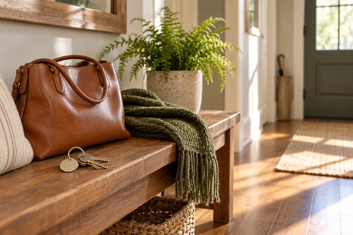 A set of house keys with a plain loop keychain beside a bag on a hallway bench.