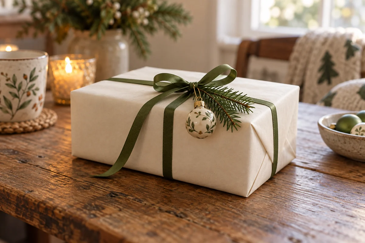 A wrapped box with a small ornament hanging from the ribbon