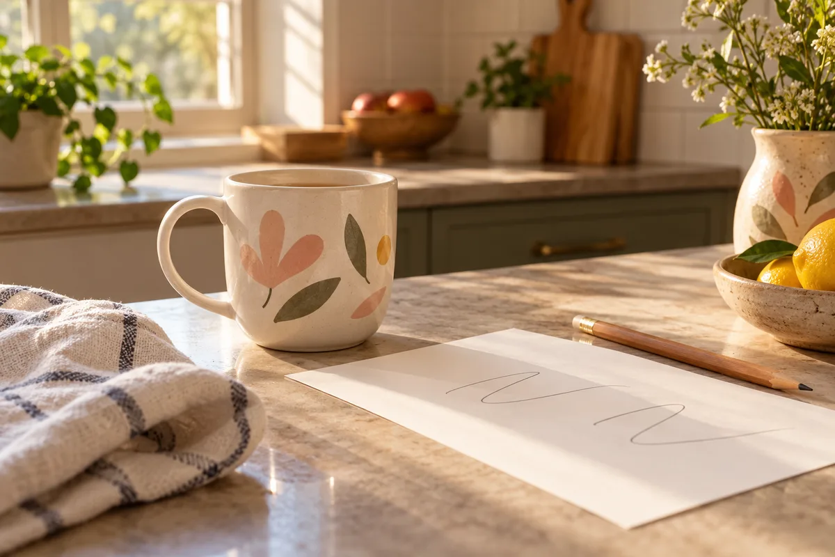 A mug on a counter beside a sheet of paper and a pencil