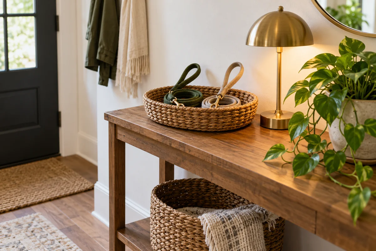 A bare wall above a console table with a basket of leashes and a small lamp.