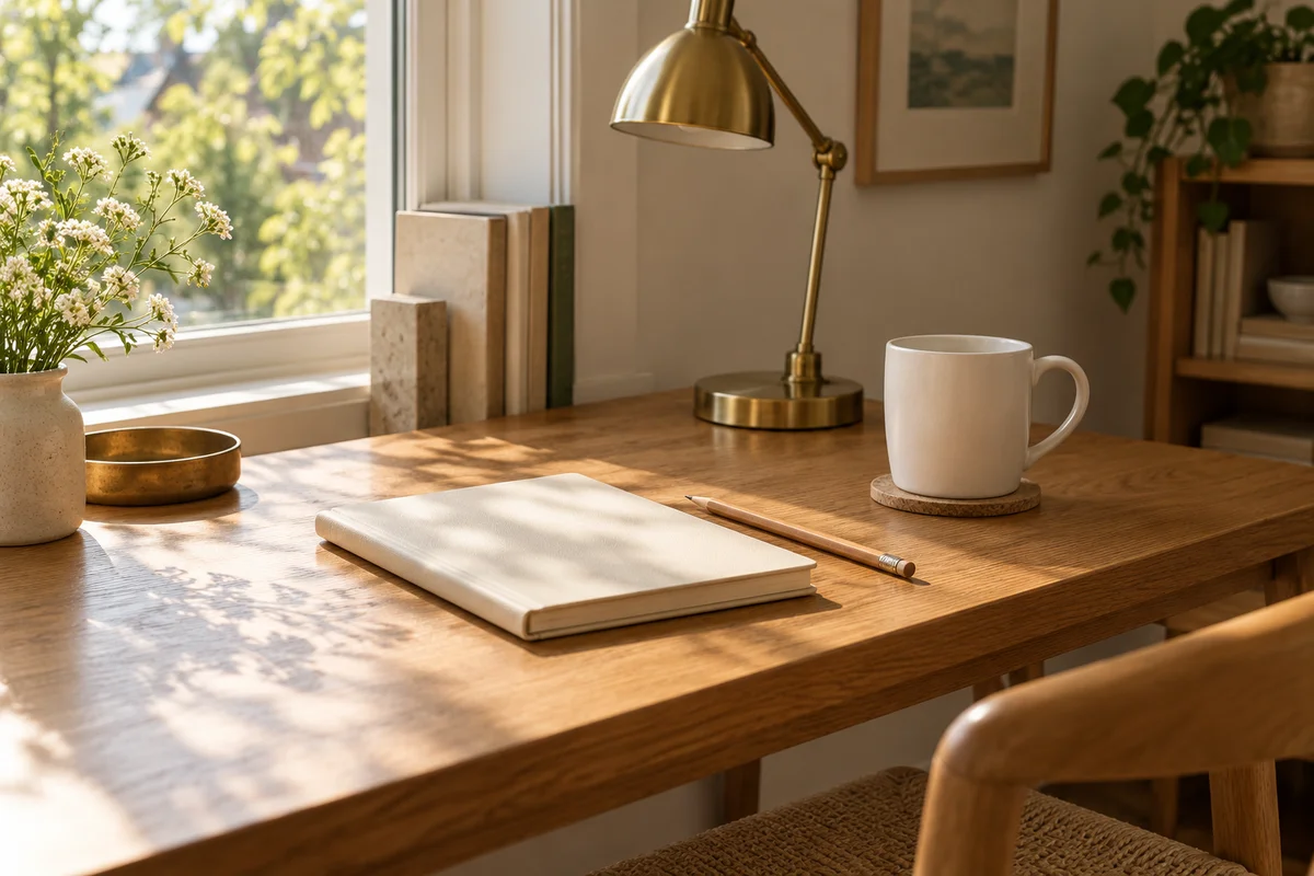 A cream notebook with a pencil and a mug on a desk near a window.