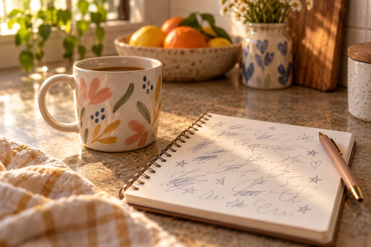 A mug and a notepad with a list of nicknames on a kitchen counter