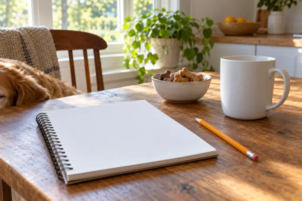 A blank spiral notebook and a pencil beside a plain mug and a bowl of dog treats on a table.