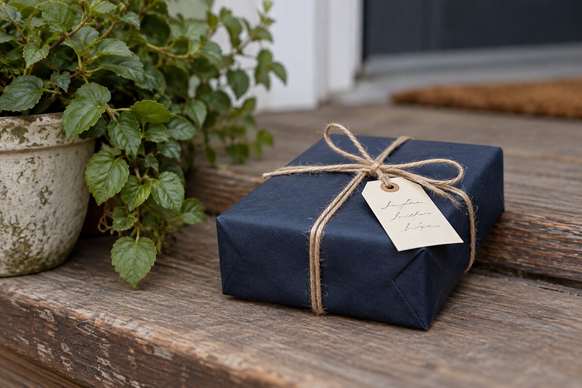 A neatly wrapped small gift with a handwritten tag on a doorstep step