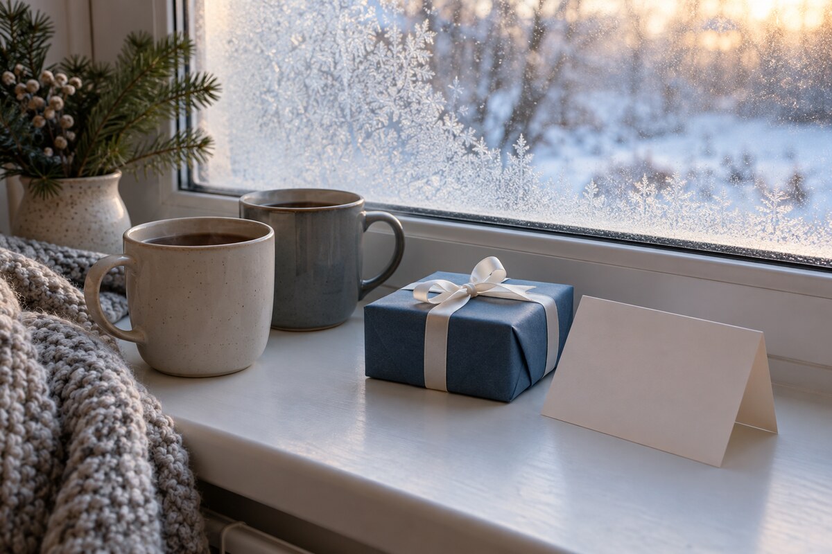 Two mugs and a small wrapped parcel on a windowsill with soft winter light