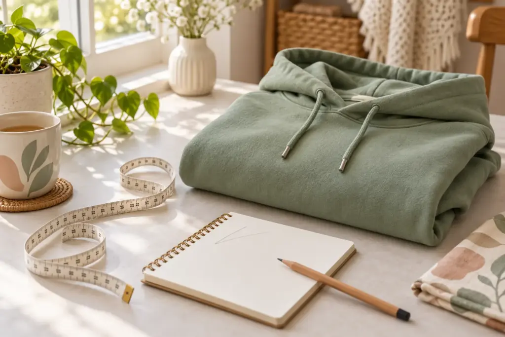 A tape measure curled beside a folded hoodie and a small notepad on a table