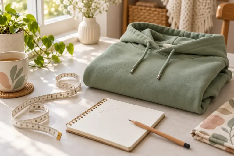 A tape measure curled beside a folded hoodie and a small notepad on a table