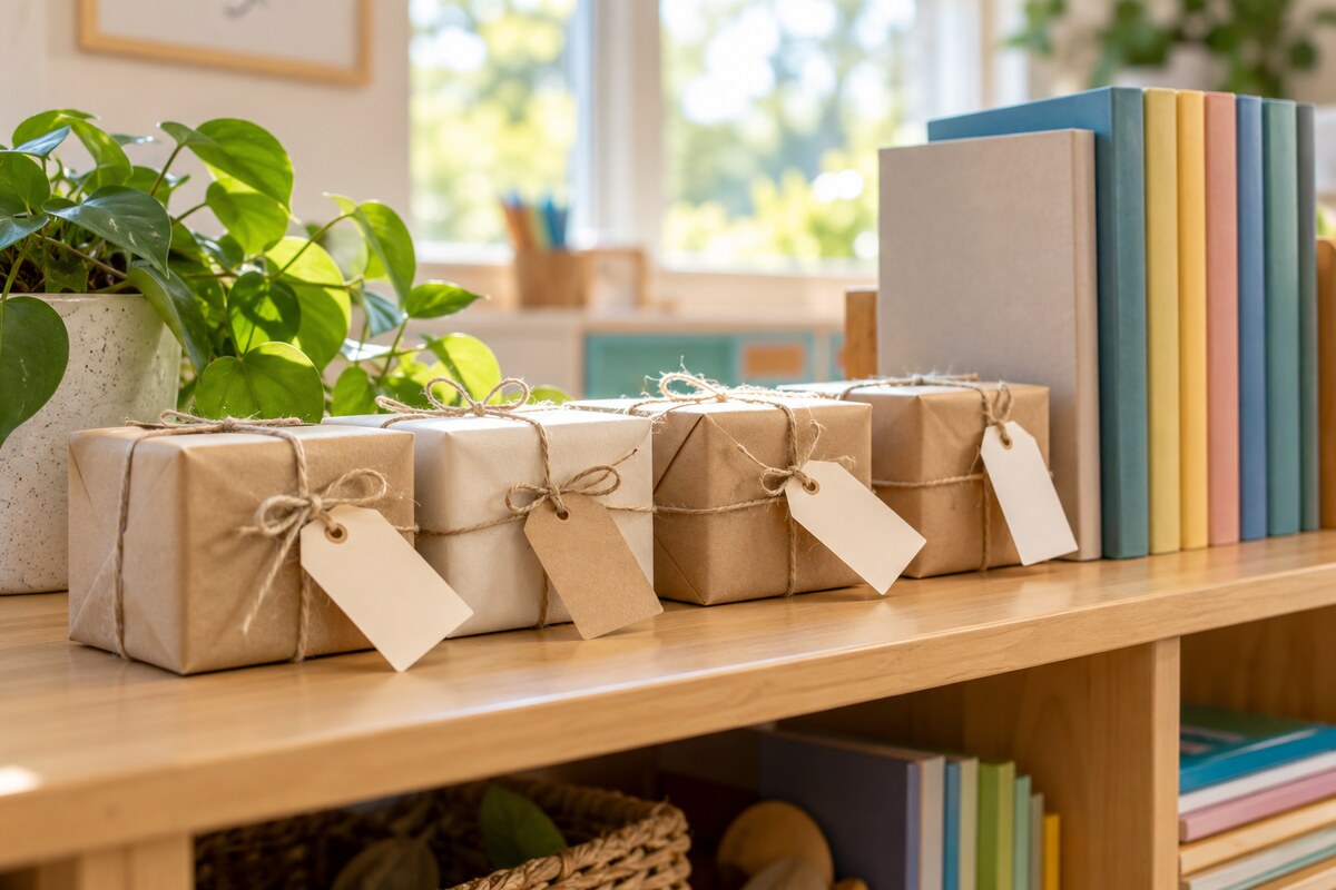 A row of small wrapped gifts with blank tags in a neat line on a classroom shelf