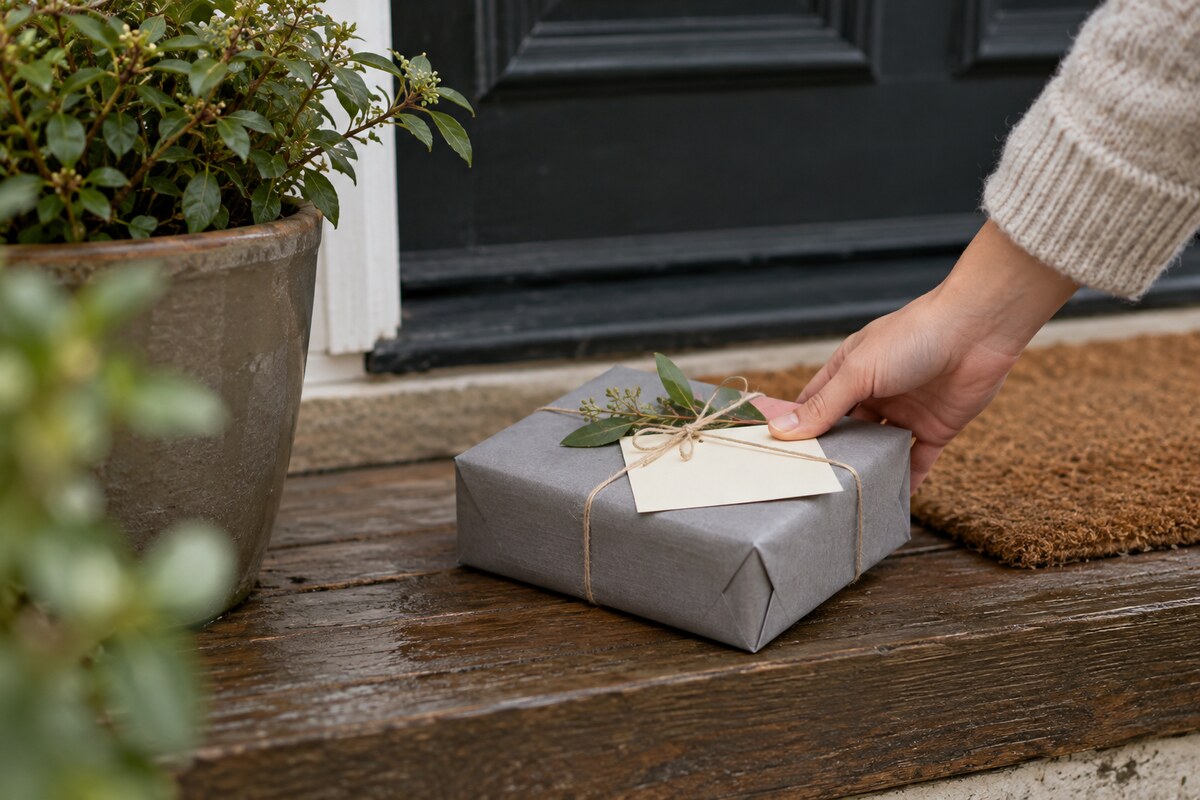 A hand placing a small wrapped gift and a card on a front doorstep