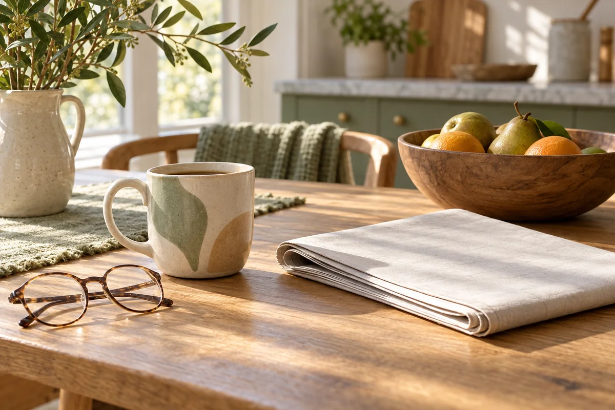 A mug and reading glasses beside a folded newspaper and a bowl of fruit on a kitchen table.