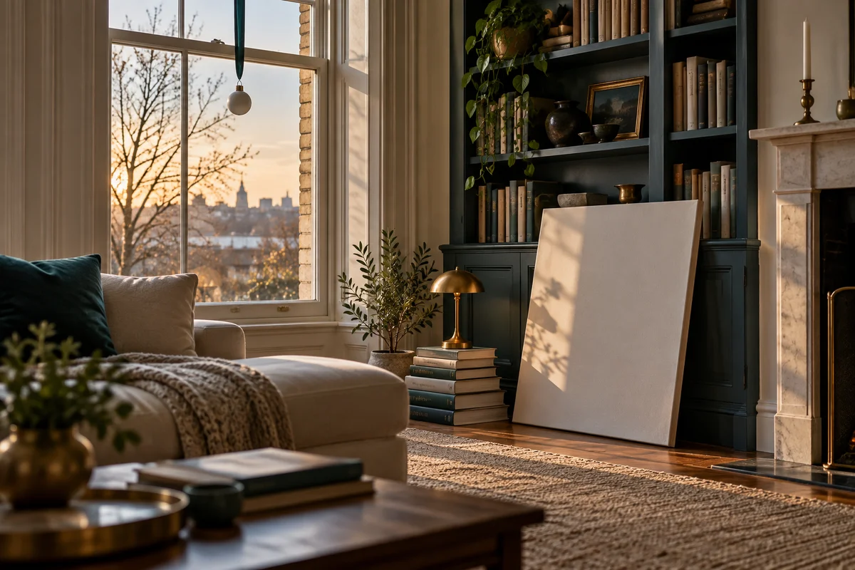 A plain round ornament on a ribbon hanging in a sunny window beside a framed blank canvas leaning on a shelf.