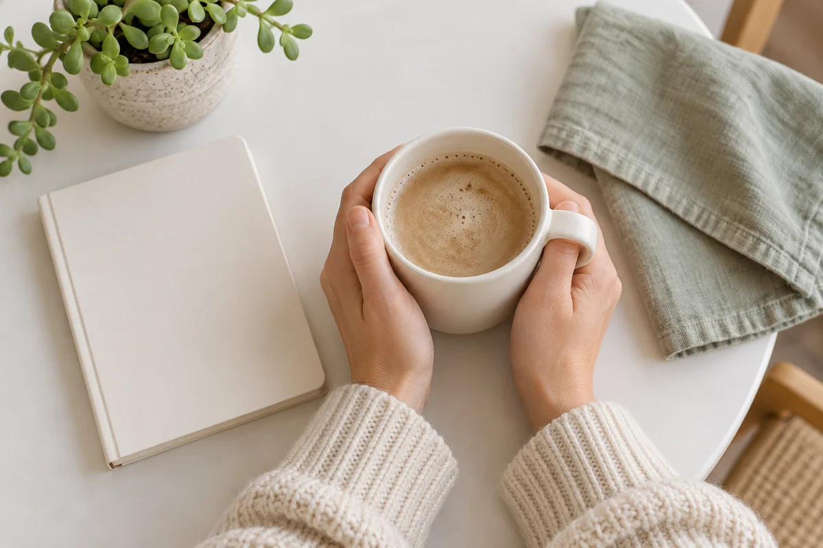 Two hands holding a plain mug above a tidy table with a notebook and a small plant.