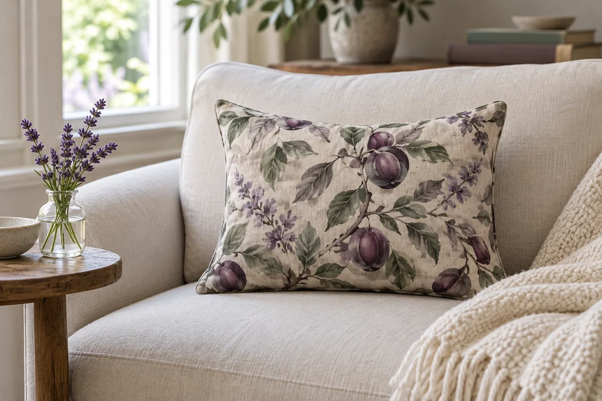 A single pillow on a pale sofa beside a sprig of lavender in a small glass.