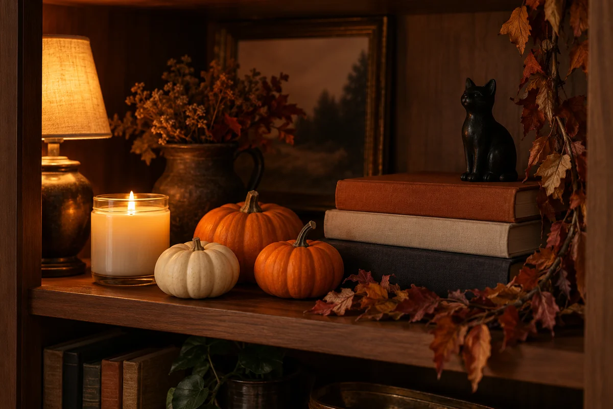 A shelf with a few plain small pumpkins, a plain candle jar and a small stack of books.