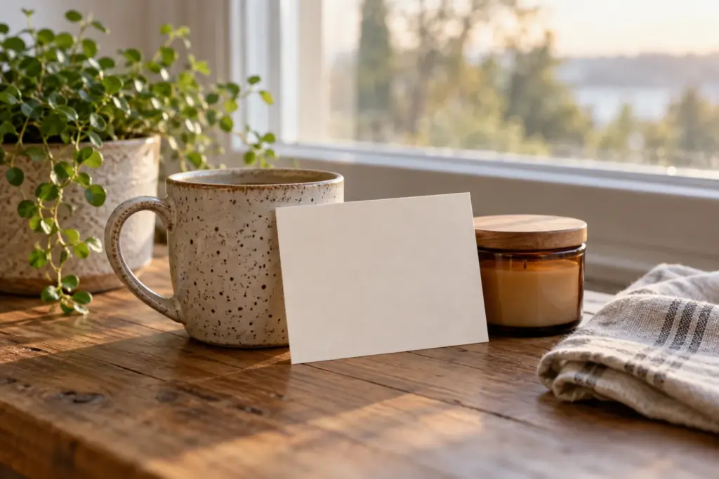 A speckled mug, a small candle and a blank card resting on a quiet table by a window.