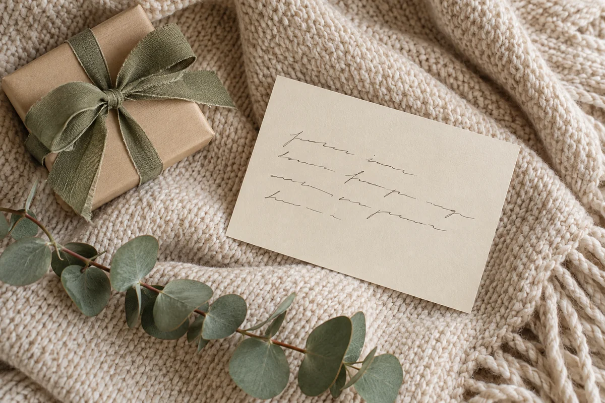 A handwritten card and a ribbon-tied gift resting on a folded blanket.