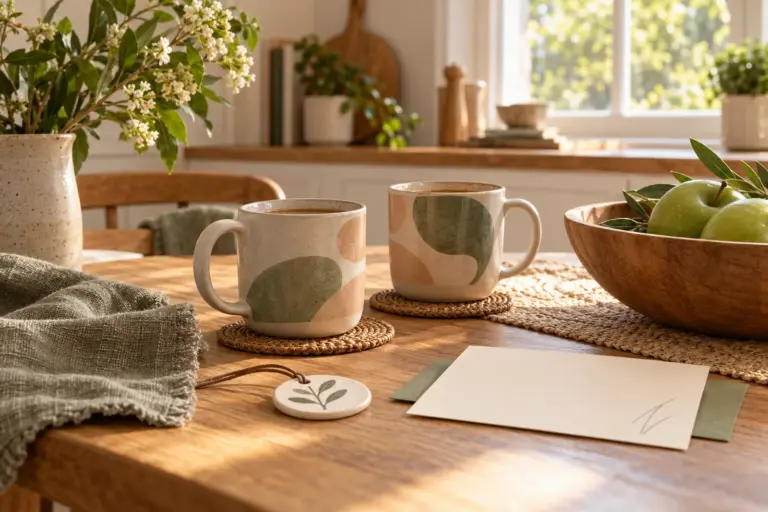Two mugs and a small ornament on a kitchen table beside a blank card and a bowl of fruit.