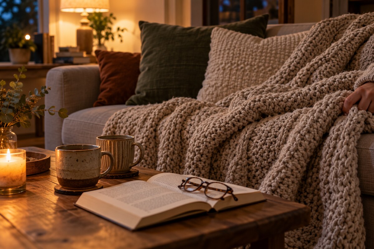 Two people's hands sharing a chunky knit throw on a sofa with a book and two mugs