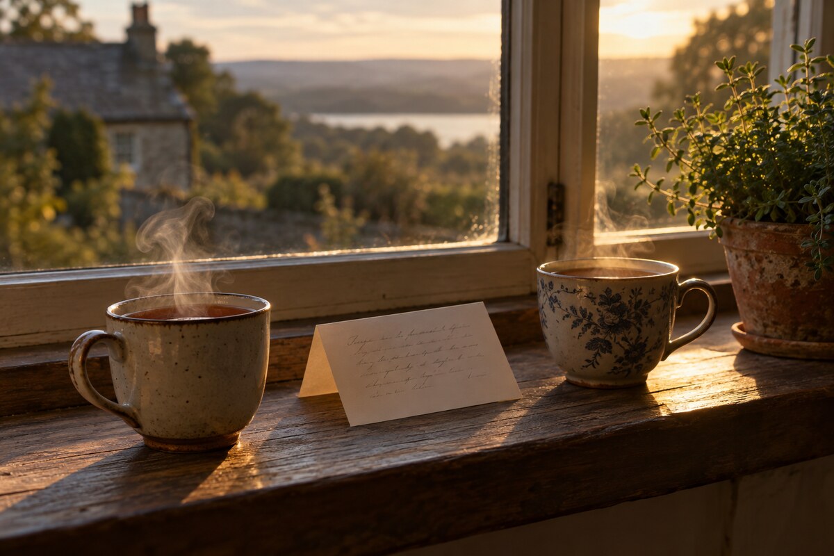 Two cups of tea and a handwritten card on a windowsill in late afternoon