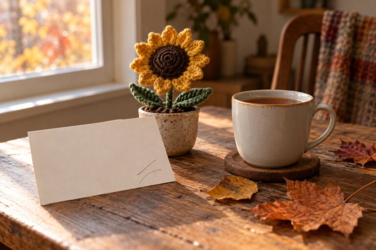 A blank note card beside a small potted flower and a mug on a table.