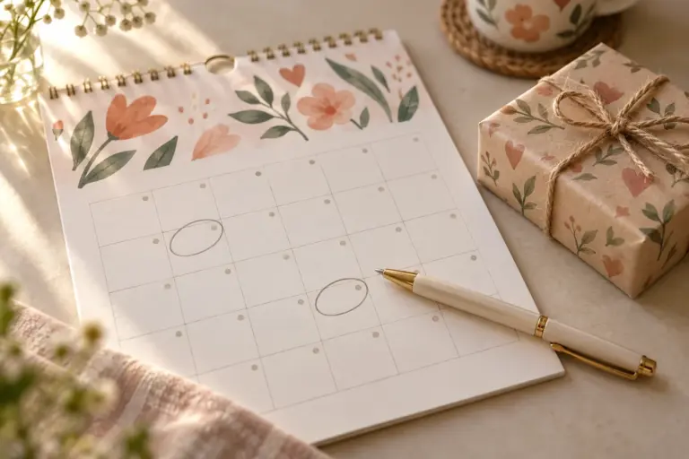 A calendar page with two circled squares, a pen and a small wrapped box on a table