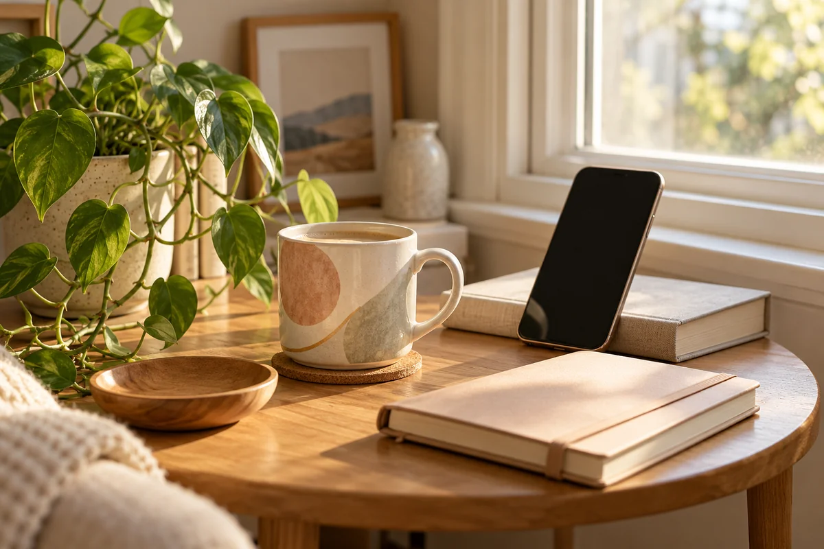 A mug on a round table beside a propped phone, a closed notebook and a trailing plant.