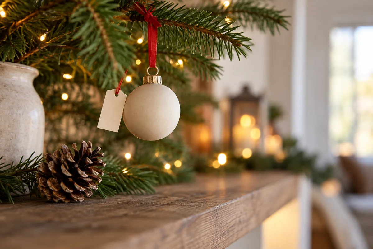 A small ornament hanging from a pine branch beside a tiny gift tag and a pinecone.