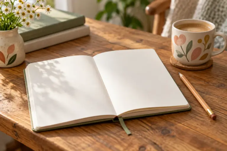 An open notebook with a pencil and a mug on a table