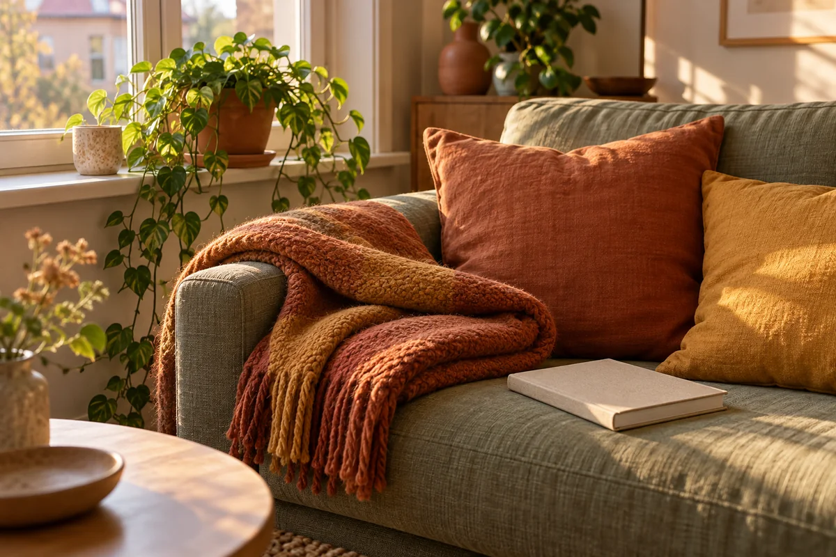 A folded terracotta blanket on a small apartment sofa with a window and a plant.