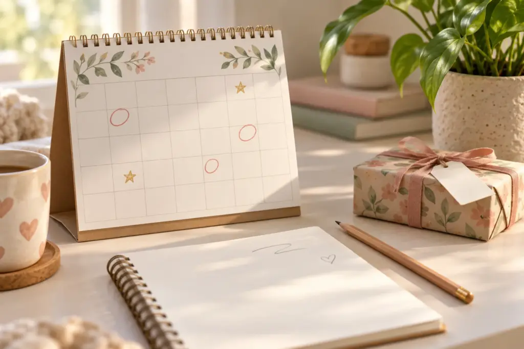 A wall calendar with small marks beside a notebook, a pencil and a small wrapped gift