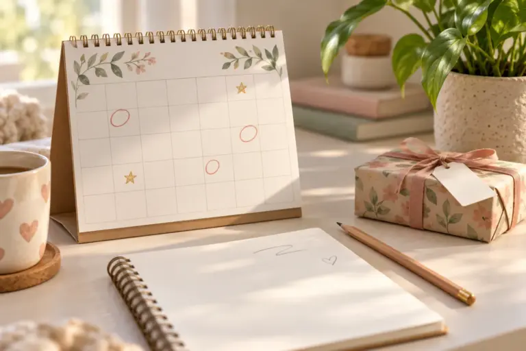A wall calendar with small marks beside a notebook, a pencil and a small wrapped gift