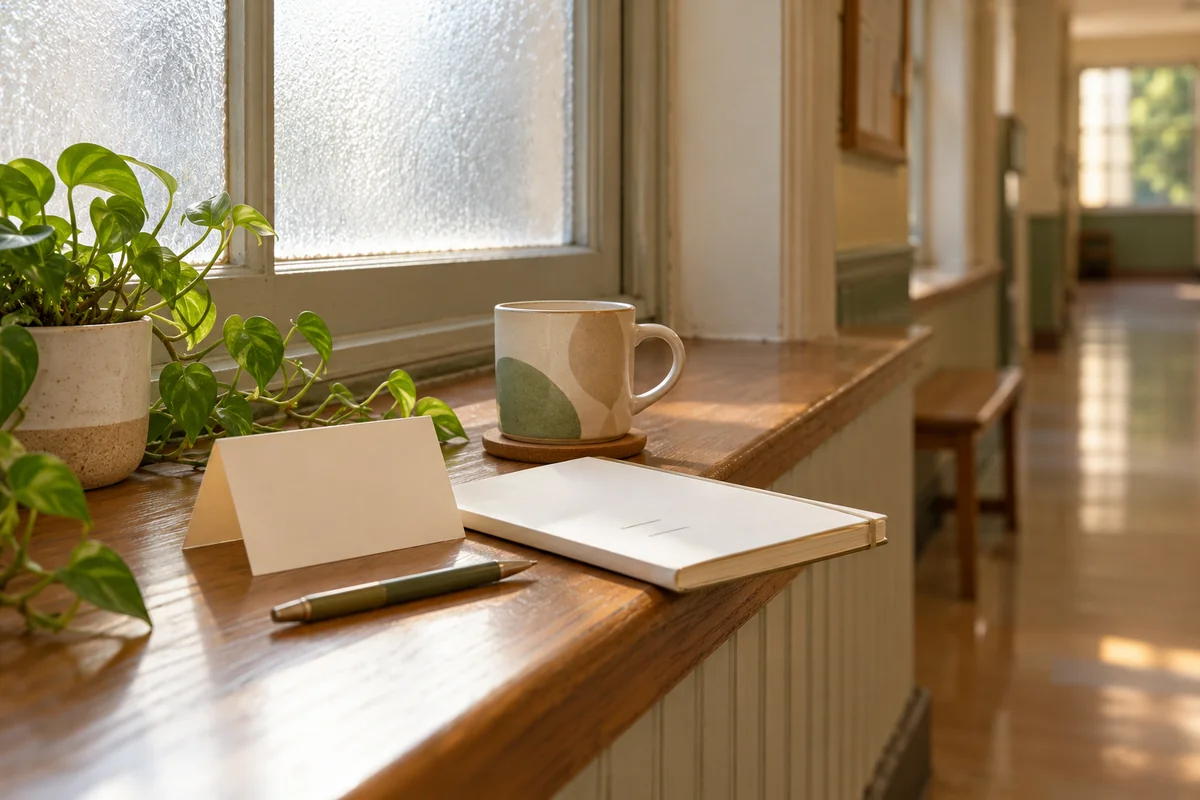 A folded card, a pen and a small mug on a windowsill in a quiet corridor.