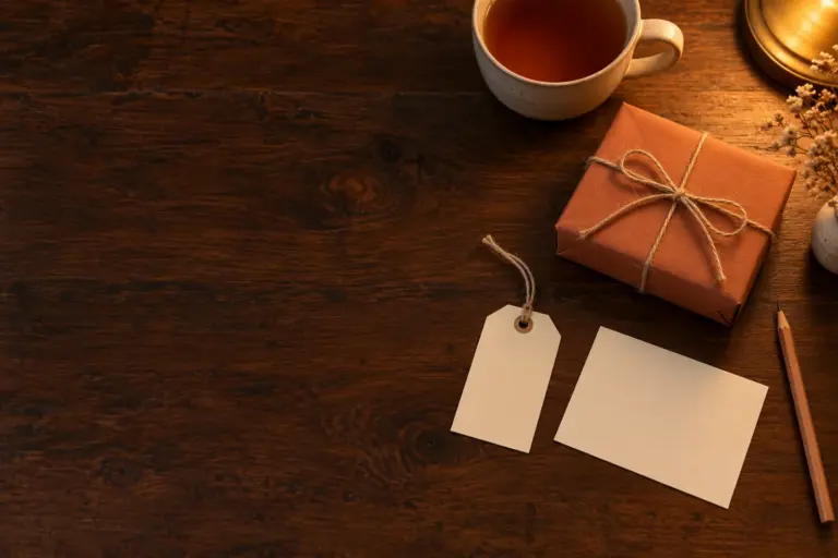 A blank paper tag, a pencil and a small wrapped gift on a table.