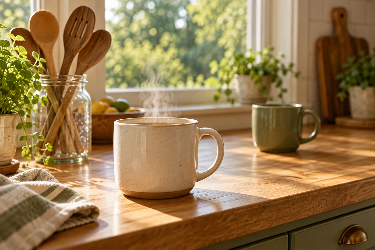 Two plain mugs on a kitchen counter, one in the foreground and one slightly blurred behind it.