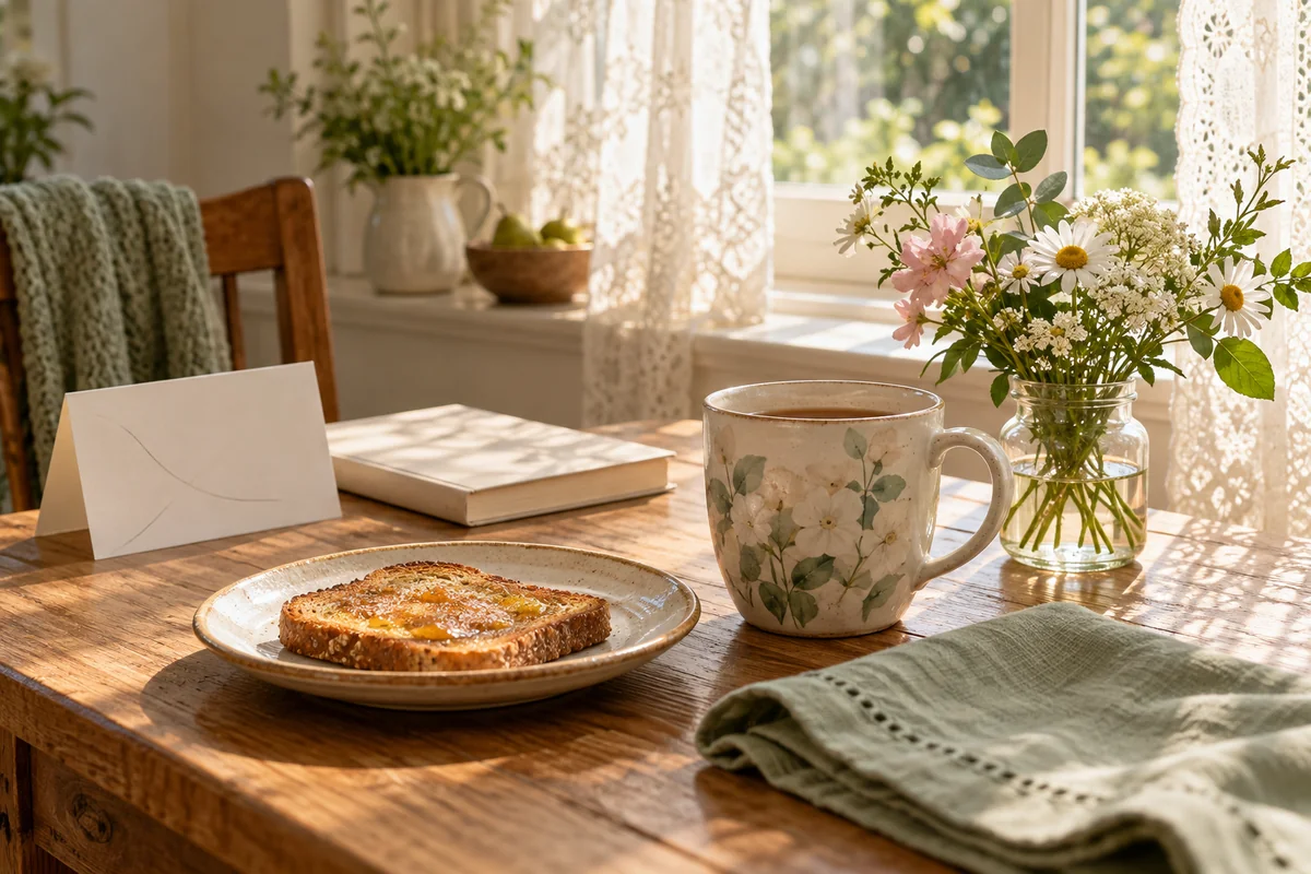 A mug on a breakfast table beside a plate of toast and a small vase of flowers.