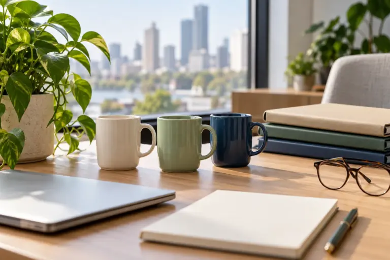 Three mugs lined up on an office desk beside a plant and a stack of folders.
