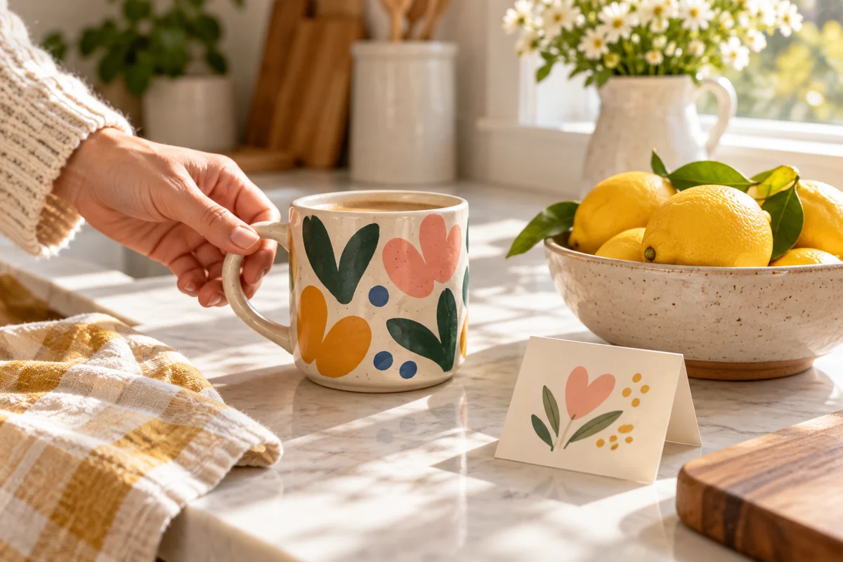 A blank card beside a patterned mug on a kitchen counter