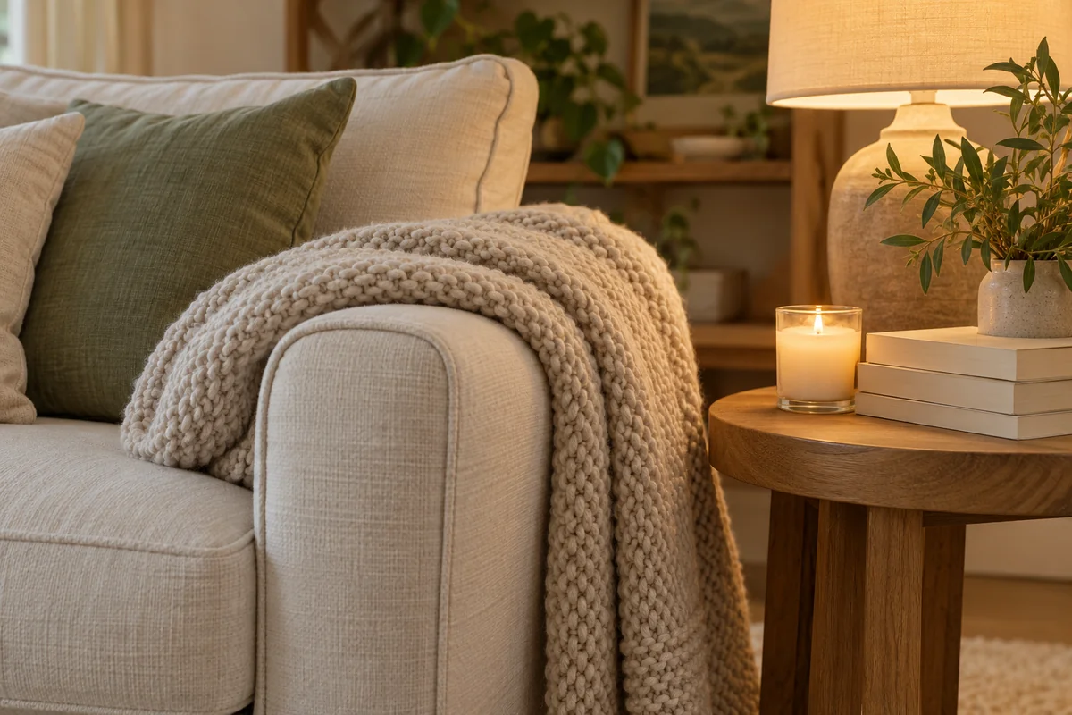 A chunky knit throw folded over a sofa arm beside a candle and a small stack of books.