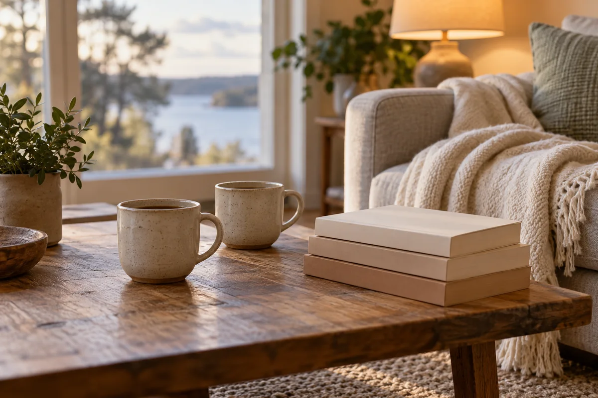 Two coffee mugs and a stack of books on a table beside a sofa with a folded blanket.