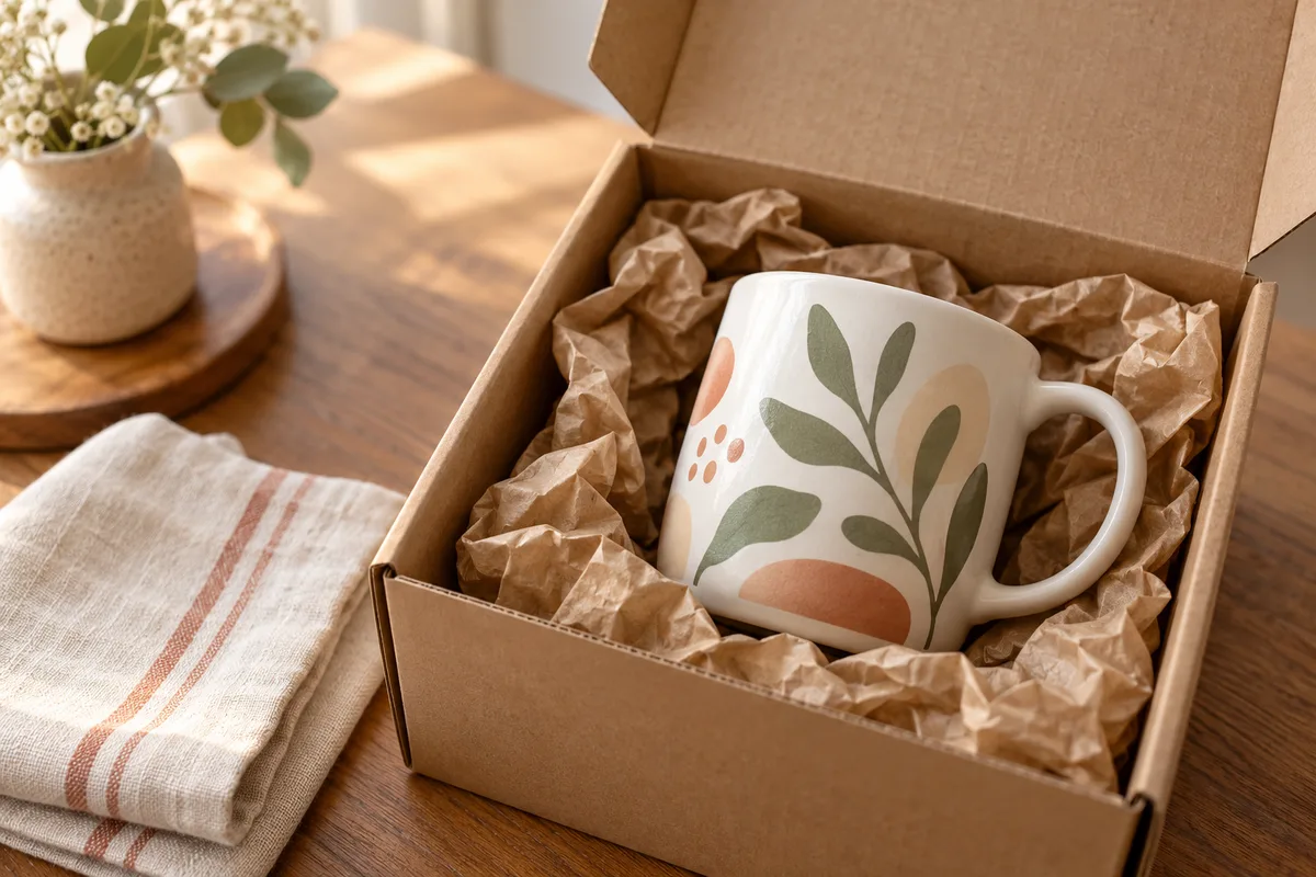 A mug nestled in crumpled kraft paper inside an open box