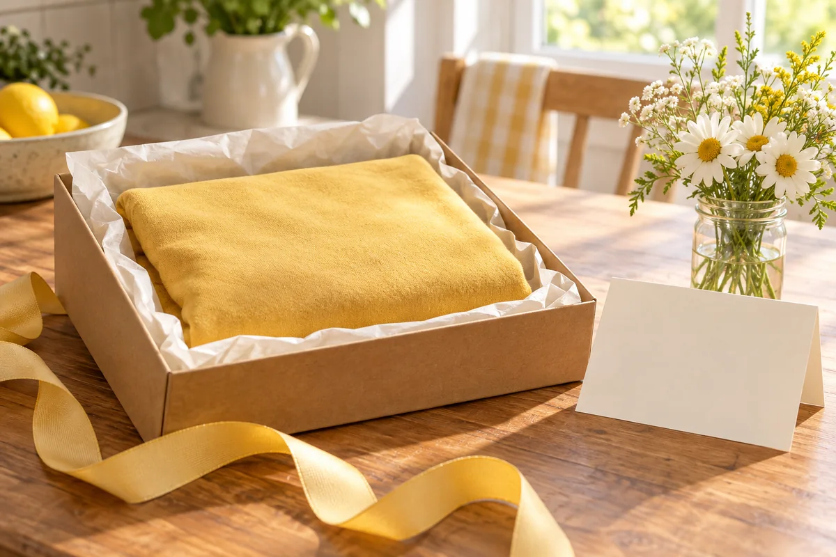 A wrapped birthday gift, a blank card and a small bouquet on a kitchen table