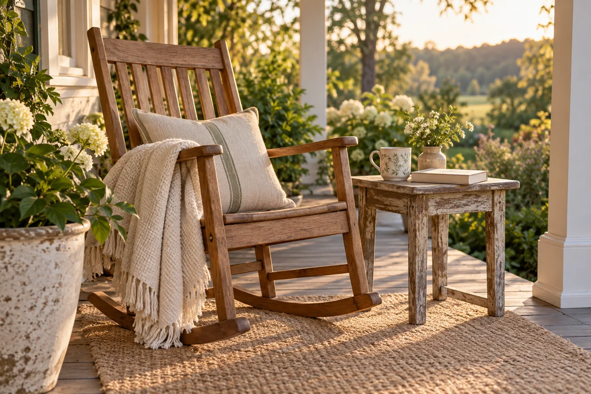 A rocking chair on a porch beside a small table with a mug.